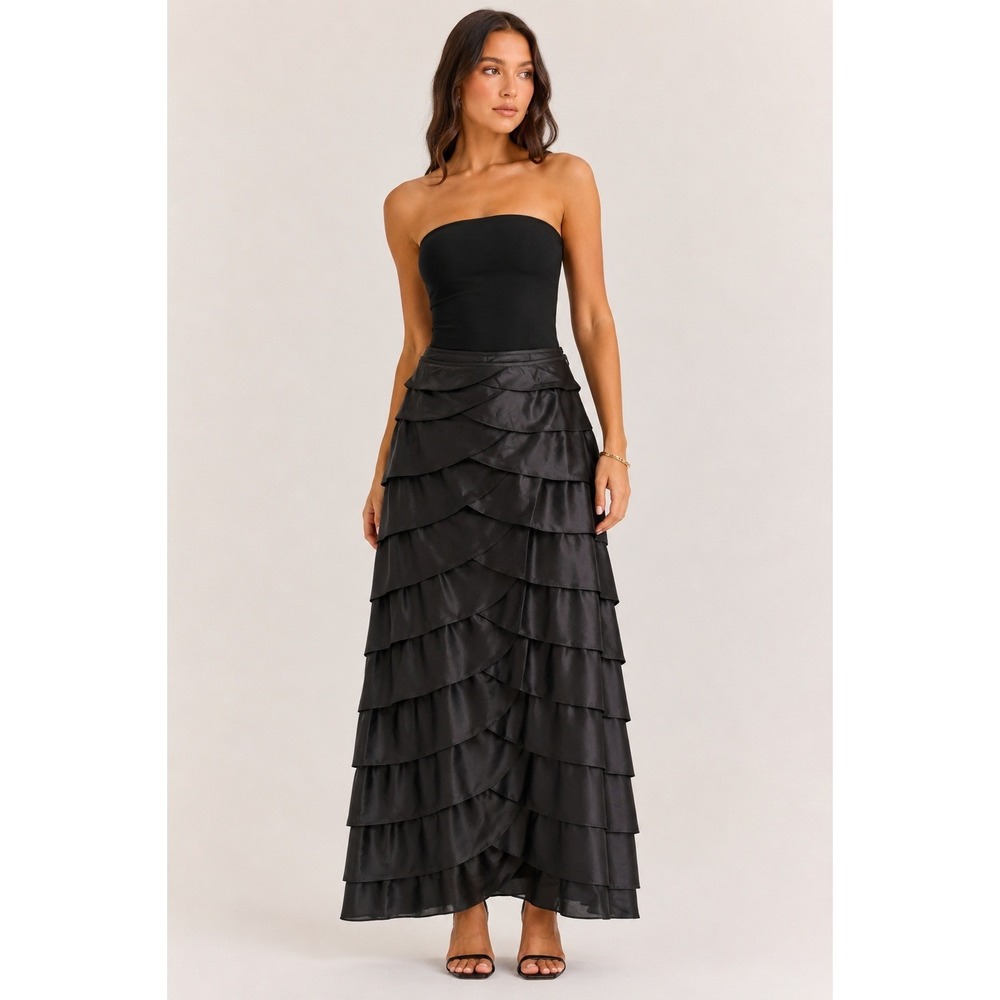 Adrianna Papell Evening Essentials Tiered Ruffle Maxi Skirt Black Size 10 Formal